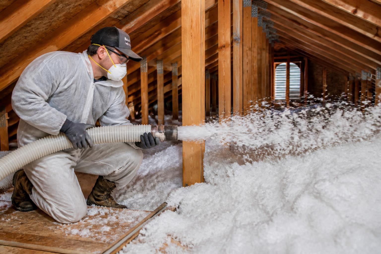 Technician in protective suit blowing loose-fill insulation across an attic floor