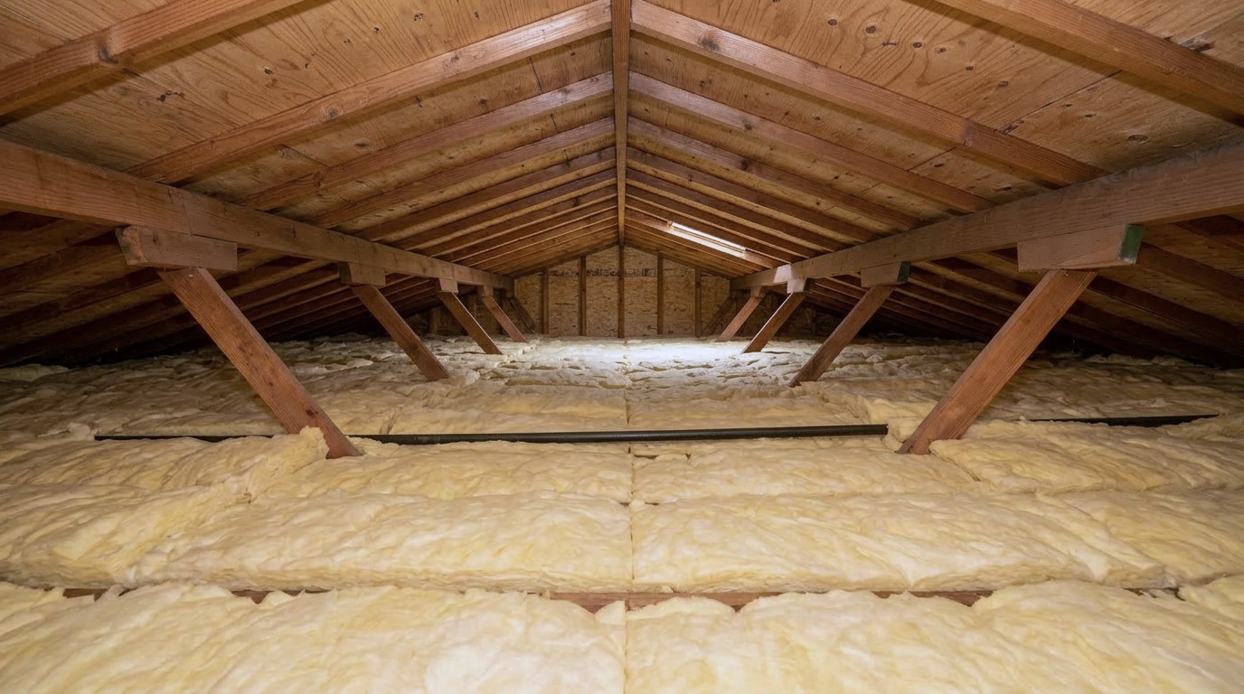 Old fiberglass insulation between attic rafters before replacement