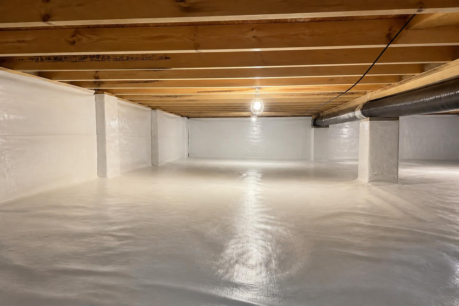 Crawlspace fully encapsulated with heavy white vapor barrier covering the floor and piers